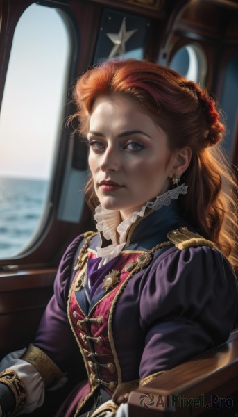 1girl,solo,long hair,looking at viewer,brown hair,hair ornament,gloves,long sleeves,jewelry,sitting,closed mouth,upper body,braid,red hair,multicolored hair,earrings,frills,puffy sleeves,indoors,blurry,lips,grey eyes,window,makeup,blurry background,lipstick,brooch,freckles,curly hair,gold trim,realistic,nose,red lips,watercraft,blue eyes,jacket,parted lips,uniform,military,ascot,military uniform,scar,juliet sleeves,lace trim,lace,purple jacket,medal