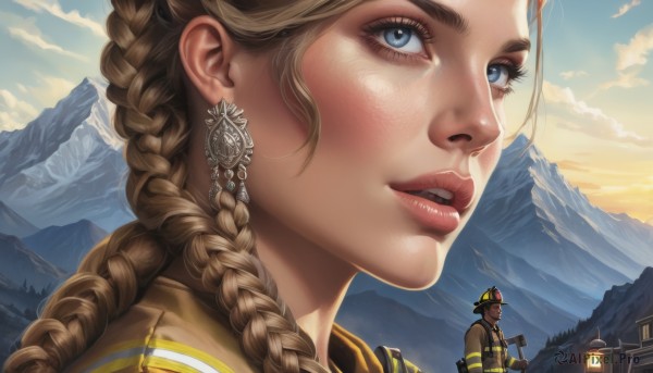 1girl,long hair,looking at viewer,smile,blue eyes,blonde hair,brown hair,1boy,jewelry,braid,earrings,outdoors,parted lips,sky,teeth,day,cloud,twin braids,lips,eyelashes,helmet,portrait,close-up,mountain,realistic,nose,mountainous horizon,sunrise,solo,gloves,dark skin,blue sky,mask,cloudy sky,goggles,gas mask