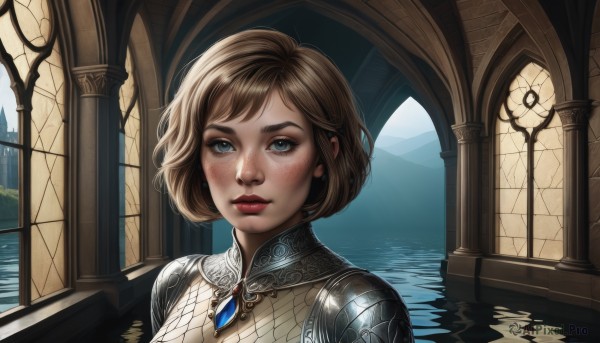 1girl,solo,looking at viewer,short hair,blue eyes,blonde hair,brown hair,jewelry,upper body,artist name,indoors,water,necklace,armor,lips,window,makeup,lipstick,shoulder armor,gem,portrait,freckles,reflection,fantasy,red lips,chainmail,blush,bangs,closed mouth,realistic,bridge,arch,gorget