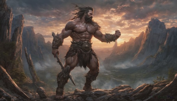 solo,long hair,open mouth,black hair,1boy,holding,nipples,standing,full body,weapon,male focus,outdoors,sky,barefoot,teeth,sword,cloud,holding weapon,tree,tattoo,muscular,facial hair,abs,cloudy sky,knife,pectorals,muscular male,clenched hand,pelvic curtain,beard,topless male,rock,mountain,bracer,dagger,manly,loincloth,cliff,jewelry,scar,scenery,sunset,axe