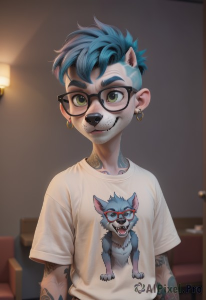 solo,looking at viewer,smile,short hair,shirt,1boy,animal ears,jewelry,green eyes,blue hair,white shirt,upper body,short sleeves,male focus,earrings,glasses,teeth,artist name,indoors,blurry,tattoo,piercing,t-shirt,ear piercing,furry,lamp,furry male,print shirt,open mouth,closed mouth,pants,blurry background,animal,fangs,chair,extra ears,personification,dog,arm tattoo