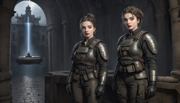 looking at viewer,short hair,multiple girls,brown hair,gloves,2girls,brown eyes,jewelry,standing,weapon,braid,earrings,black gloves,belt,pants,sword,hair bun,armor,lips,makeup,black pants,single hair bun,lipstick,shoulder armor,french braid,pauldrons,pouch,breastplate,arms at sides,red lips,belt pouch,pillar,castle,column,1girl,breasts,long sleeves,medium breasts,closed mouth,outdoors,mole,multiple views,knife,science fiction,energy sword,spacecraft,lightsaber