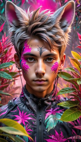 solo,looking at viewer,short hair,blonde hair,1boy,animal ears,brown eyes,jewelry,closed mouth,upper body,flower,grey hair,male focus,multicolored hair,earrings,blurry,lips,bodysuit,makeup,blurry background,leaf,facial mark,piercing,plant,ear piercing,portrait,extra ears,zipper,freckles,realistic,mouse ears,nose,earphones,jacket