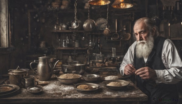 solo,shirt,long sleeves,1boy,closed mouth,white shirt,white hair,male focus,indoors,blurry,vest,cup,facial hair,table,beard,black vest,realistic,mustache,candle,bald,old,old man,chandelier,wrinkled skin,holding,sitting,food,window,chain,scar,bottle,knife,plate,bowl,spoon,bread,jar