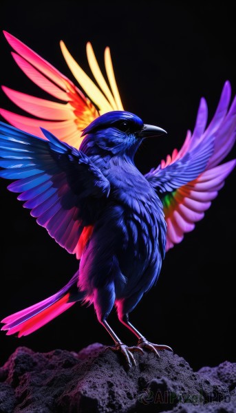 solo,simple background,standing,full body,wings,pokemon (creature),no humans,bird,animal,feathers,black background,feathered wings,rock,animal focus,talons,beak,spread wings,open mouth,closed mouth,glowing,flying