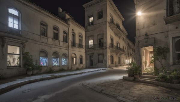 outdoors,sky,tree,no humans,window,night,plant,building,night sky,scenery,stairs,city,sign,door,potted plant,light,road,lamp,bush,house,lamppost,street,flower pot,air conditioner,pavement