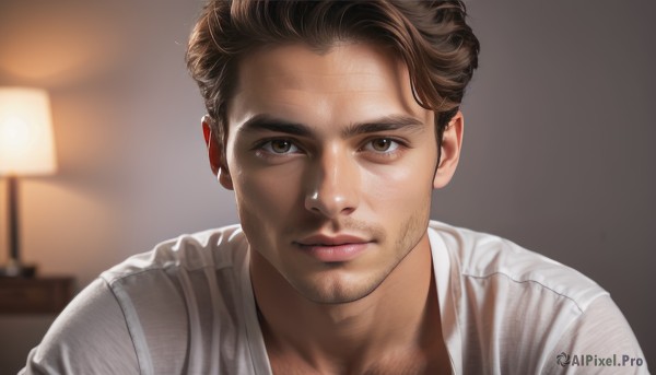 solo,looking at viewer,short hair,brown hair,shirt,1boy,brown eyes,closed mouth,white shirt,upper body,male focus,parted lips,indoors,blurry,lips,blurry background,facial hair,portrait,beard,realistic,nose,stubble,lamp,smile,close-up,light,chest hair