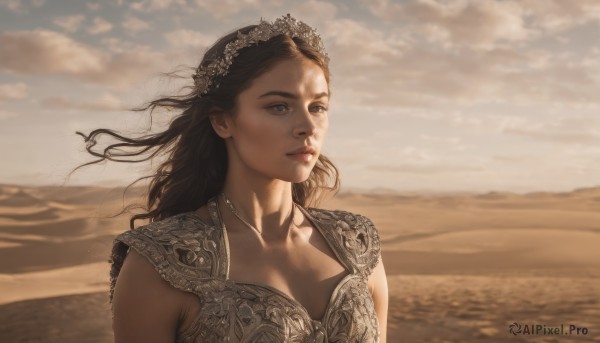 1girl,solo,long hair,breasts,brown hair,black hair,dress,cleavage,brown eyes,jewelry,closed mouth,collarbone,upper body,outdoors,sky,sleeveless,cloud,necklace,armor,blurry,lips,looking to the side,floating hair,looking away,beach,cloudy sky,wind,realistic,nose,sand,looking afar,desert,medium breasts,day,water,ocean,sunlight