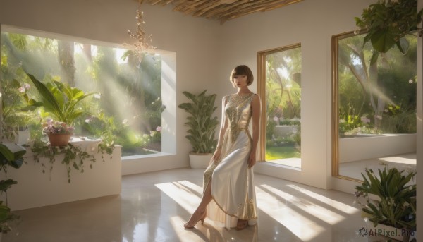 1girl,solo,looking at viewer,short hair,bangs,brown hair,black hair,dress,bare shoulders,brown eyes,sitting,closed mouth,full body,flower,barefoot,sleeveless,day,indoors,white dress,tree,window,sleeveless dress,shadow,sunlight,plant,scenery,reflection,light rays,long dress,potted plant,jewelry,artist name,blunt bangs,high heels,wide shot