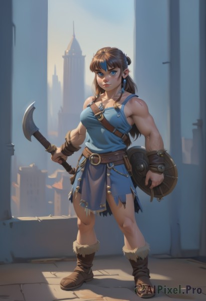 1girl,solo,long hair,breasts,looking at viewer,bangs,blue eyes,large breasts,brown hair,holding,cleavage,bare shoulders,jewelry,medium breasts,standing,full body,weapon,earrings,boots,belt,holding weapon,armor,lips,fur trim,muscular,scar,brown footwear,thick eyebrows,tank top,pelvic curtain,shield,fantasy,muscular female,brown belt,bracer,facepaint,axe,biceps,holding shield,holding axe,leather belt,dress,braid,sleeveless,pointy ears,torn clothes,nose,single strap