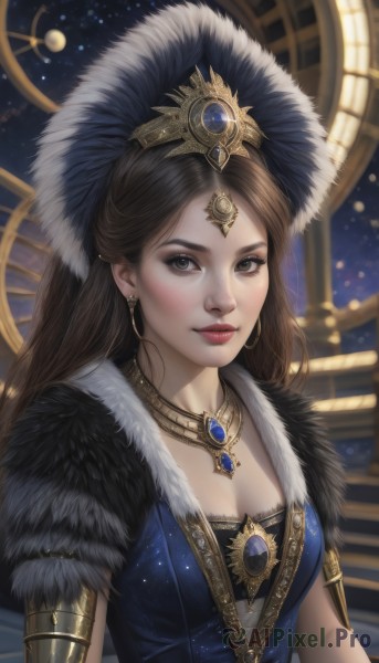 1girl,solo,long hair,breasts,looking at viewer,smile,brown hair,hair ornament,dress,cleavage,brown eyes,jewelry,medium breasts,upper body,earrings,parted lips,artist name,necklace,blurry,lips,fur trim,eyelashes,makeup,blurry background,blue dress,feathers,gem,fur collar,realistic,nose,red lips,gold