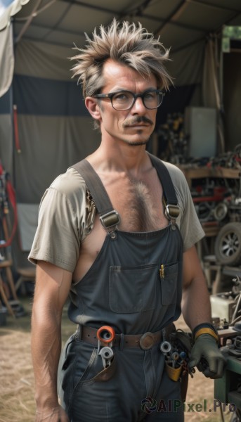 solo,looking at viewer,smile,short hair,blonde hair,shirt,gloves,1boy,brown eyes,standing,white shirt,short sleeves,grey hair,male focus,cowboy shot,outdoors,glasses,day,belt,blurry,depth of field,blurry background,facial hair,pectorals,denim,ground vehicle,motor vehicle,beard,single glove,freckles,black-framed eyewear,realistic,round eyewear,mustache,overalls,old,dirty,chest hair,old man,wrench,arm hair,dirty face,naked overalls,tools,tire,mole