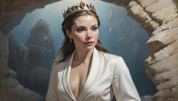 1girl,solo,long hair,breasts,blue eyes,brown hair,dress,cleavage,jewelry,medium breasts,collarbone,upper body,earrings,parted lips,artist name,signature,white dress,lips,no bra,makeup,tiara,crown,breasts apart,realistic,nose,red lips,blush,lipstick,robe