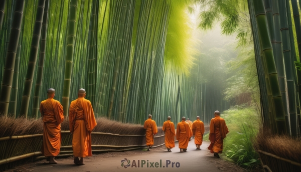 standing,male focus,outdoors,japanese clothes,multiple boys,kimono,from behind,sunlight,nature,scenery,forest,walking,6+boys,light rays,bamboo,bamboo forest,orange kimono,tree,grass,fence,road,5boys