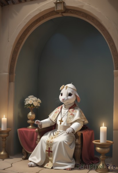 solo,long sleeves,dress,jewelry,sitting,full body,flower,barefoot,indoors,necklace,white dress,black eyes,no humans,animal,chair,table,cross,crown,white flower,furry,1other,pendant,robe,furry female,candle,cross necklace,white fur,vase,throne,candlestand,looking at viewer,hair ornament,capelet,rabbit,holding flower,furry male,white capelet,white robe,clothed animal,candlelight