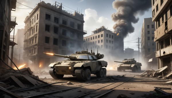 HQ,weapon,outdoors,sky,day,cloud,military,no humans,fire,ground vehicle,building,scenery,motor vehicle,smoke,city,military vehicle,car,road,explosion,ruins,tank,vehicle focus,power lines,debris,caterpillar tracks,dust,destruction,rubble,gun,battle