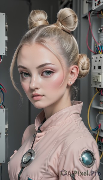 1girl,solo,breasts,looking at viewer,short hair,blonde hair,jewelry,closed mouth,green eyes,upper body,braid,earrings,artist name,hair bun,blurry,lips,eyelashes,double bun,bodysuit,blurry background,single hair bun,forehead,zipper,freckles,science fiction,realistic,stud earrings,cable,braided bun,blush,jacket,makeup,expressionless,nose,zipper pull tab