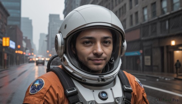 solo,looking at viewer,smile,black hair,1boy,brown eyes,closed mouth,upper body,male focus,outdoors,blurry,lips,blurry background,facial hair,helmet,building,motor vehicle,beard,science fiction,rain,city,realistic,stubble,road,street,spacesuit,astronaut,brown hair,solo focus,depth of field,portrait,police,crosswalk,space helmet