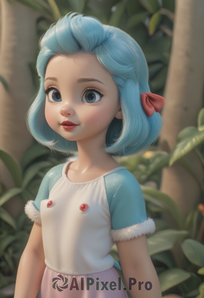 1girl,solo,looking at viewer,smile,short hair,blue eyes,skirt,shirt,bow,ribbon,blue hair,collarbone,hair ribbon,white shirt,upper body,short sleeves,hair bow,outdoors,parted lips,artist name,medium hair,blurry,flat chest,red ribbon,tree,lips,fur trim,eyelashes,makeup,depth of field,blurry background,leaf,blue shirt,plant,lipstick,child,nature,forehead,forest,pink skirt,freckles,nose,arms at sides,red lips,female child,dress