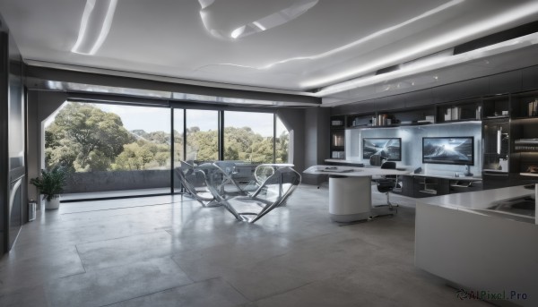 indoors,tree,cup,no humans,window,chair,table,plant,scenery,reflection,tiles,computer,tile floor,monitor,sink,ceiling light,reflective floor,sky,day,cloud,desk,cable,screen