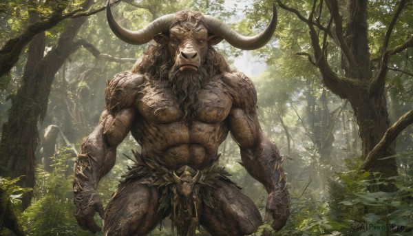 solo,long hair,looking at viewer,blue eyes,1boy,animal ears,jewelry,closed mouth,standing,white hair,male focus,outdoors,horns,day,pointy ears,bracelet,tree,muscular,facial hair,abs,sunlight,pectorals,muscular male,nature,bara,beard,furry,forest,large pectorals,topless male,cow ears,cow horns,furry male,chest hair,loincloth,minotaur,teeth,leaf,nose piercing