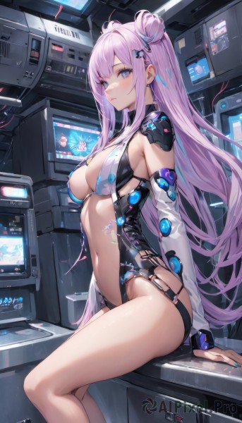 1girl,solo,long hair,breasts,looking at viewer,blush,bangs,blue eyes,large breasts,hair ornament,long sleeves,navel,cleavage,jewelry,medium breasts,sitting,very long hair,closed mouth,blue hair,purple eyes,pink hair,purple hair,ahoge,sidelocks,thighs,multicolored hair,earrings,detached sleeves,hairclip,stomach,hair bun,nail polish,from side,leotard,bare legs,double bun,sideboob,highleg,single hair bun,revealing clothes,highleg leotard,blue nails,monitor,bare shoulders,indoors,virtual youtuber,armor,fingernails,see-through,feet out of frame,arm support,black leotard,science fiction,computer,screen