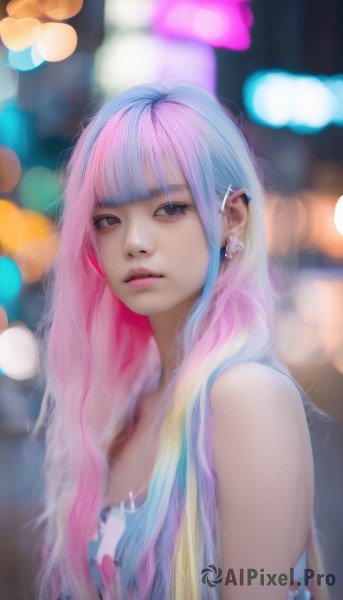 1girl,solo,long hair,looking at viewer,bangs,dress,bare shoulders,brown eyes,jewelry,closed mouth,blue hair,upper body,pink hair,multicolored hair,earrings,artist name,blunt bangs,blurry,black eyes,two-tone hair,lips,gradient hair,depth of field,blurry background,piercing,ear piercing,realistic,nose,bokeh,parted lips,sleeveless,grey eyes,eyelashes,makeup,watermark,web address