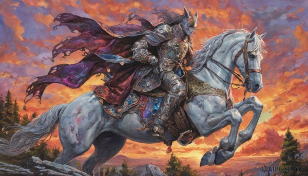 solo,1boy,holding,weapon,male focus,boots,outdoors,horns,sky,sword,cloud,cape,armor,tree,torn clothes,traditional media,helmet,cloudy sky,shoulder armor,gauntlets,nature,1other,forest,pauldrons,sunset,breastplate,fantasy,red cape,riding,greaves,horse,knight,orange sky,torn cape,horseback riding,reins,long hair,holding weapon,animal,scenery,twilight,full armor,helm,plate armor,saddle