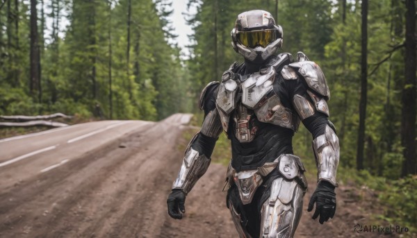 solo,gloves,1boy,standing,male focus,outdoors,armor,blurry,tree,military,helmet,robot,shoulder armor,nature,clenched hands,forest,walking,science fiction,realistic,road,looking ahead,power armor,photo background,black gloves,blurry background