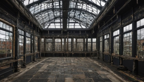 sky,day,cloud,indoors,no humans,window,chair,sunlight,scenery,stairs,architecture,tile floor,ruins,pillar,ceiling,tree,table,wooden floor,tiles,bare tree,candlestand,chandelier