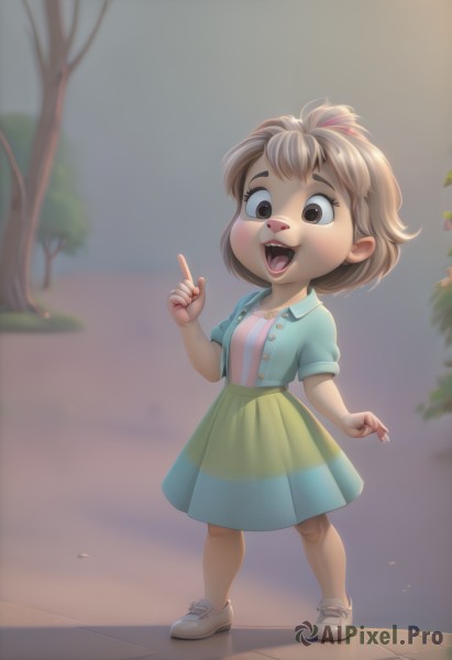 1girl,solo,blush,smile,short hair,open mouth,bangs,skirt,brown hair,shirt,brown eyes,standing,jacket,full body,ponytail,short sleeves,:d,outdoors,open clothes,shoes,teeth,tongue,striped,puffy sleeves,artist name,hand up,tongue out,blurry,open jacket,tree,puffy short sleeves,buttons,blurry background,shadow,upper teeth only,watermark,happy,white footwear,pointing,green skirt,sneakers,child,index finger raised,furry,furry female,female child,pigeon-toed,buck teeth,looking at viewer,simple background,day,signature,blue skirt,blue shirt,web address,multicolored clothes,topknot,aqua skirt