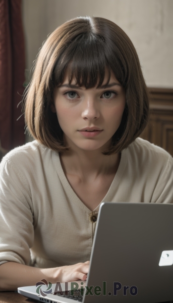 1girl,solo,looking at viewer,short hair,bangs,brown hair,shirt,black hair,brown eyes,closed mouth,upper body,indoors,signature,medium hair,blurry,black eyes,sweater,lips,grey eyes,blurry background,bob cut,curtains,freckles,realistic,nose,computer,laptop,keyboard (computer),collarbone,parted lips,artist name,nail polish,fingernails,eyelashes,watermark