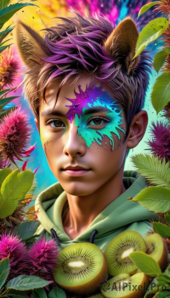 solo,looking at viewer,smile,short hair,brown hair,1boy,animal ears,brown eyes,closed mouth,upper body,purple hair,flower,male focus,multicolored hair,artist name,cat ears,hood,blurry,lips,fox ears,hoodie,leaf,hood down,plant,portrait,realistic,yellow flower,nose,purple flower,black hair,dog ears,extra ears,sunflower,paint splatter