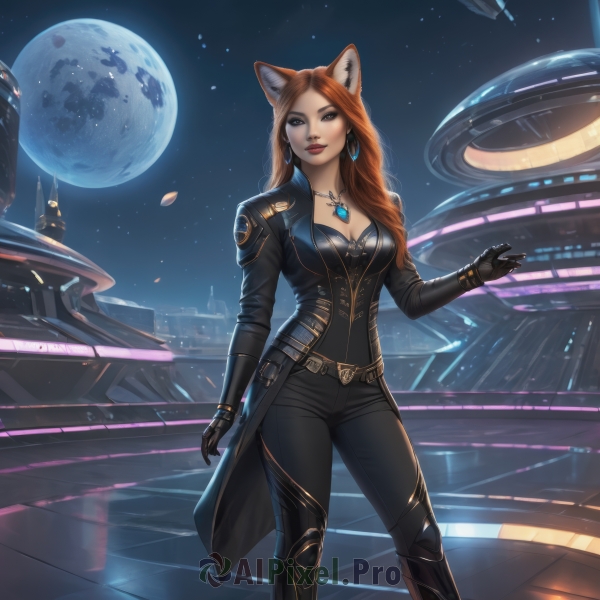 1girl,solo,long hair,breasts,looking at viewer,brown hair,gloves,long sleeves,animal ears,cleavage,brown eyes,jewelry,medium breasts,standing,jacket,earrings,sky,black gloves,belt,pants,cat ears,necklace,black jacket,fox ears,bodysuit,makeup,night,black pants,moon,star (sky),night sky,full moon,pendant,starry sky,science fiction,red lips,space,planet,spacecraft,red hair,outdoors,mole,lips,petals,mole under mouth,realistic,black bodysuit,tight,leather,leather jacket,leather pants