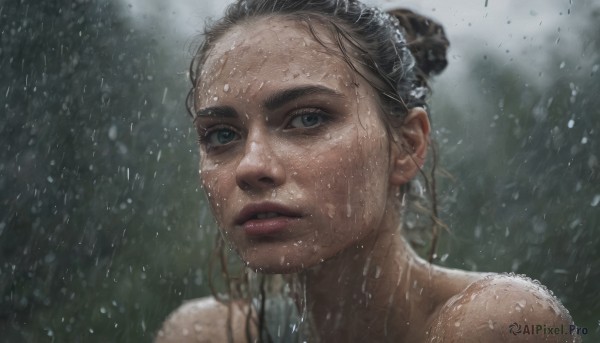 A female in a tranquil rainy dynamic scene