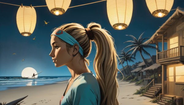 1girl,solo,long hair,blonde hair,brown hair,shirt,brown eyes,closed mouth,upper body,ponytail,outdoors,sky,water,from side,tree,lips,profile,night,headband,bird,ocean,beach,moon,blue shirt,night sky,sunset,lantern,nose,hair tie,sand,palm tree,sun,lamp,hairband,day,scenery,stairs,realistic,horizon,silhouette,paper lantern