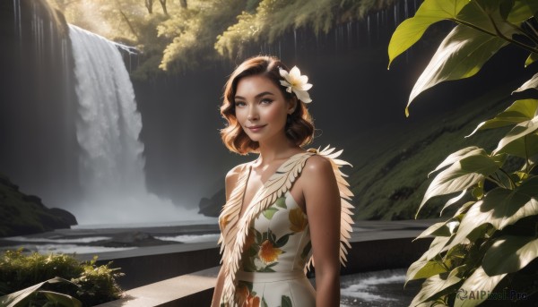 1girl,solo,breasts,looking at viewer,smile,short hair,brown hair,hair ornament,dress,bare shoulders,brown eyes,closed mouth,upper body,flower,small breasts,outdoors,sleeveless,hair flower,water,white dress,tree,lips,sleeveless dress,leaf,floral print,feathers,plant,nature,forest,realistic,nose,arms at sides,waterfall,jewelry,medium breasts,earrings,day,signature,sunlight,scenery