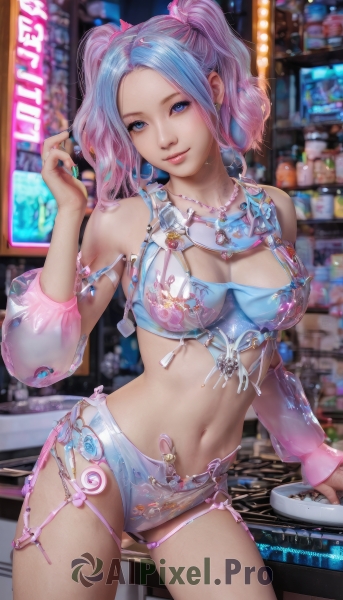 1girl,solo,breasts,looking at viewer,smile,bangs,blue eyes,large breasts,navel,cleavage,bare shoulders,twintails,jewelry,medium breasts,underwear,blue hair,pink hair,multicolored hair,cowboy shot,earrings,detached sleeves,shorts,midriff,hand up,necklace,nail polish,bra,blurry,two-tone hair,lips,see-through,short shorts,gradient hair,blurry background,piercing,blue nails,realistic,navel piercing,monitor,neon lights,short hair,long sleeves,closed mouth,standing,panties,artist name,indoors,stomach,crop top,head tilt,parted bangs,clothing cutout,thigh strap,watermark,short twintails,web address,contrapposto