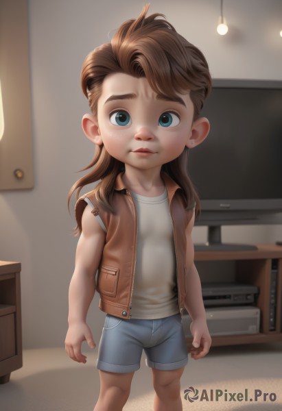 1girl,solo,long hair,looking at viewer,smile,blue eyes,brown hair,shirt,standing,jacket,white shirt,shorts,sleeveless,indoors,vest,lips,loli,short shorts,sleeveless shirt,denim,child,freckles,blue shorts,denim shorts,female child,television,open vest,brown vest,1boy,male focus,thick eyebrows,aged down,realistic,male child