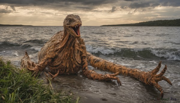 open mouth,outdoors,sky,teeth,cloud,water,no humans,ocean,beach,cloudy sky,grass,sharp teeth,scenery,claws,monster,horizon,dinosaur,kaijuu,solo,waves,horror (theme)