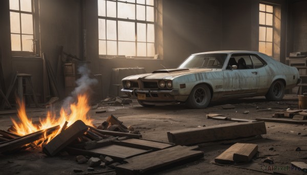 day,indoors,no humans,window,sunlight,fire,ground vehicle,box,scenery,motor vehicle,smoke,car,ruins,vehicle focus,broken,cardboard box,damaged,debris,broken glass,dust,burning,destruction,rubble,truck,fireplace,tire,broken window,wheel,sports car