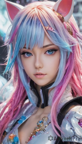 1girl,solo,long hair,breasts,looking at viewer,bangs,blue eyes,hair ornament,animal ears,cleavage,jewelry,blue hair,upper body,pink hair,multicolored hair,parted lips,hairclip,cat ears,necklace,armor,blurry,two-tone hair,lips,streaked hair,fox ears,eyelashes,makeup,blurry background,gem,portrait,eyeshadow,realistic,nose,shoulder armor