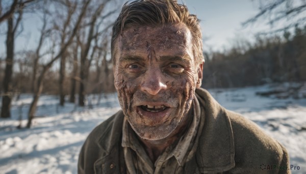 solo,looking at viewer,smile,open mouth,brown hair,shirt,1boy,jacket,upper body,male focus,outdoors,teeth,day,collared shirt,blurry,black eyes,tree,coat,blurry background,facial hair,portrait,nature,snow,brown jacket,realistic,bare tree,photo background,short hair,blonde hair,white shirt,black jacket,depth of field,forest,stubble,winter,horror (theme)