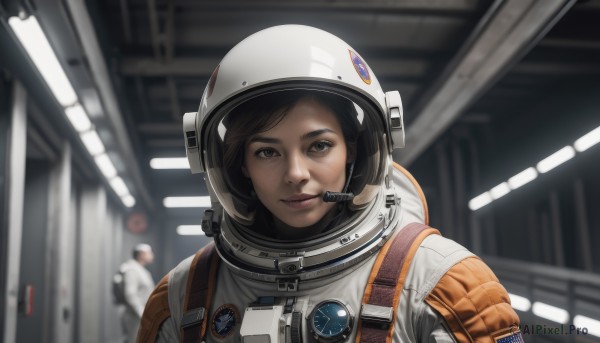 1girl,solo,looking at viewer,smile,short hair,brown hair,black hair,brown eyes,closed mouth,upper body,solo focus,indoors,blurry,lips,depth of field,blurry background,helmet,headset,science fiction,realistic,spacesuit,space helmet,astronaut,portrait,microphone,nose,american flag,spacecraft