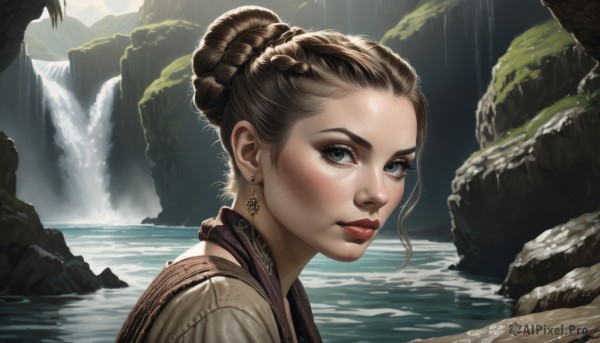 1girl,solo,looking at viewer,blue eyes,brown hair,jewelry,closed mouth,braid,earrings,outdoors,water,hair bun,armor,lips,grey eyes,eyelashes,makeup,single hair bun,portrait,freckles,rock,realistic,nose,red lips,waterfall,lipstick,river