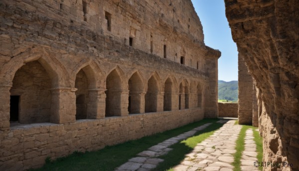 outdoors,sky,day,water,blue sky,no humans,grass,building,scenery,road,ruins,pillar,arch,cloud,plant,rock,stairs,mountain,architecture,path,column,pavement,stone floor