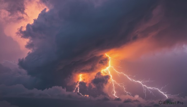 solo,blonde hair,1boy,outdoors,sky,cloud,no humans,cloudy sky,scenery,flying,sunset,electricity,lightning,above clouds,monochrome,pokemon (creature),fire,orange theme