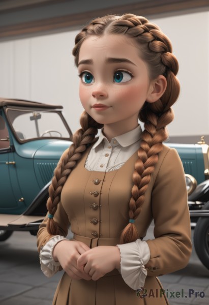 1girl,solo,long hair,breasts,blush,blue eyes,brown hair,long sleeves,dress,closed mouth,upper body,braid,small breasts,artist name,indoors,blurry,twin braids,lips,buttons,blurry background,watermark,looking away,thick eyebrows,own hands together,ground vehicle,hair over shoulder,web address,motor vehicle,forehead,freckles,nose,car,brown dress,shirt,medium breasts,depth of field,aged down,frilled sleeves,realistic,female child