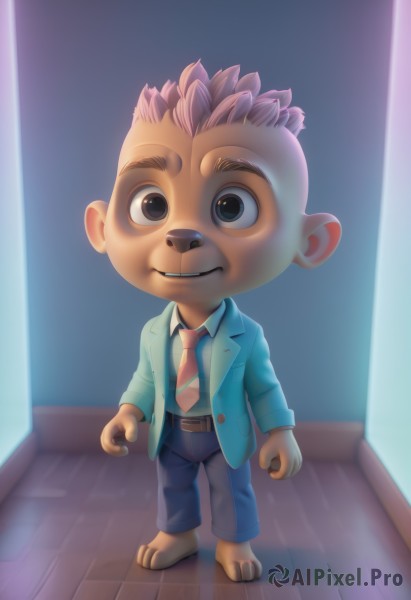 solo,looking at viewer,smile,short hair,shirt,long sleeves,1boy,animal ears,brown eyes,standing,jacket,full body,white shirt,pink hair,male focus,open clothes,necktie,barefoot,collared shirt,belt,pants,indoors,black eyes,formal,suit,blue jacket,red necktie,furry,blue pants,furry male,male child,pink necktie,brown fur,teeth,artist name,vest,watermark,mohawk