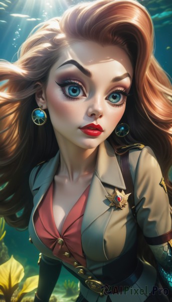 1girl,solo,long hair,breasts,looking at viewer,blue eyes,skirt,brown hair,shirt,gloves,cleavage,jewelry,medium breasts,collarbone,jacket,upper body,short sleeves,earrings,parted lips,belt,artist name,signature,water,uniform,lips,eyelashes,makeup,buttons,watermark,sunlight,thick eyebrows,lipstick,forehead,buckle,eyeshadow,freckles,fish,light rays,underwater,nose,red lips,eyeliner,sunbeam,mascara,aquarium,blonde hair,large breasts,flower,aqua eyes,floating hair,leaf,wavy hair,red shirt,web address,curly hair,superhero,gold